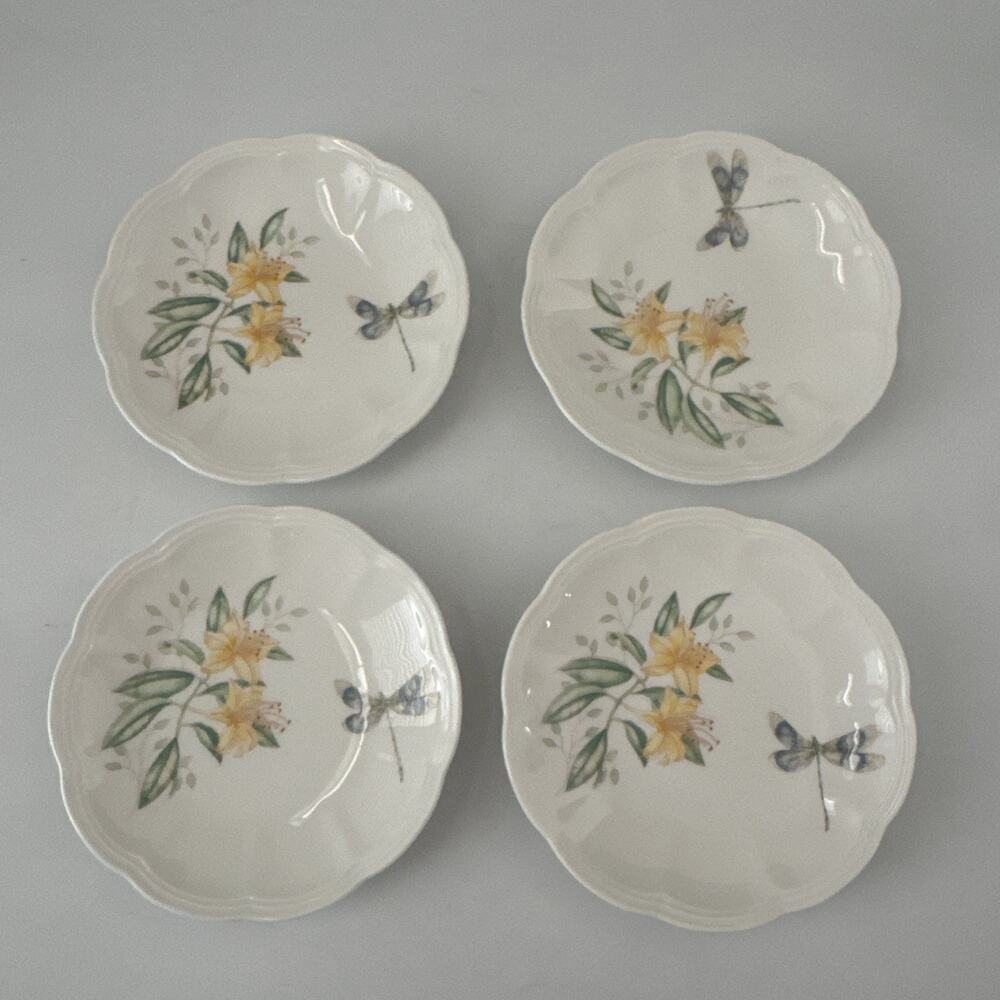 LENOX Butterfly Meadow Floral & Dragonfly Dessert Bread Plate 6.5” Set 4